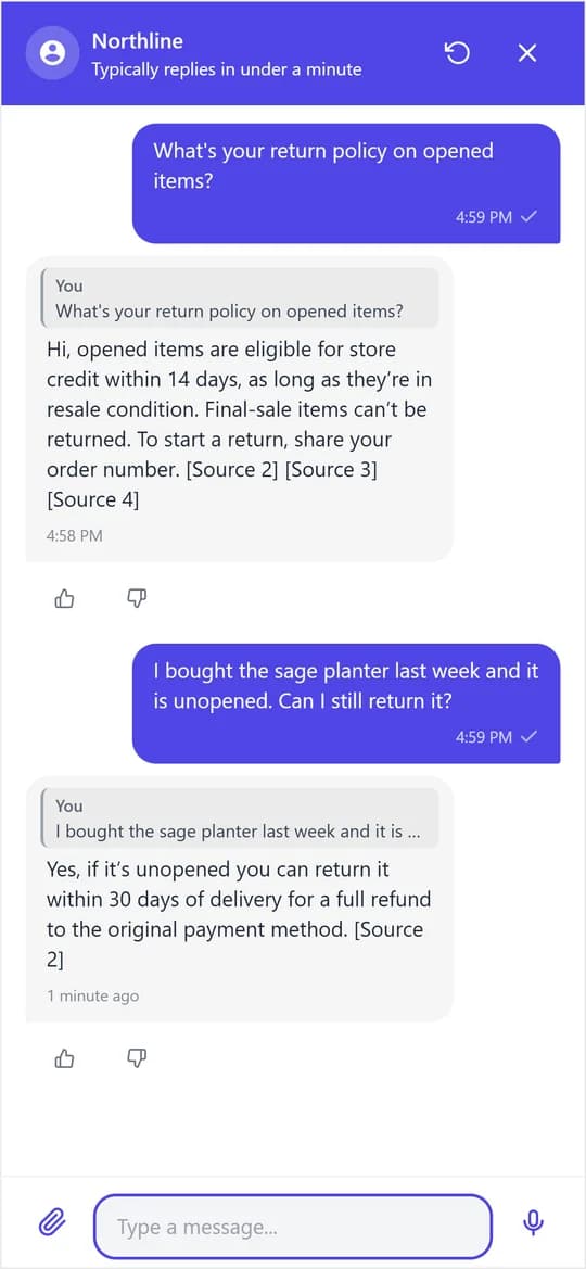 The Risolva web chat widget open on a phone, answering a returns question