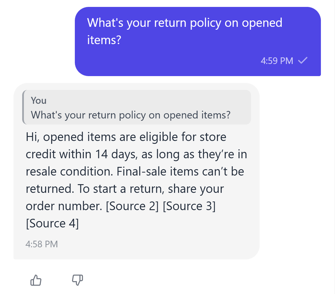Risolva web chat widget answering a return question with source labels