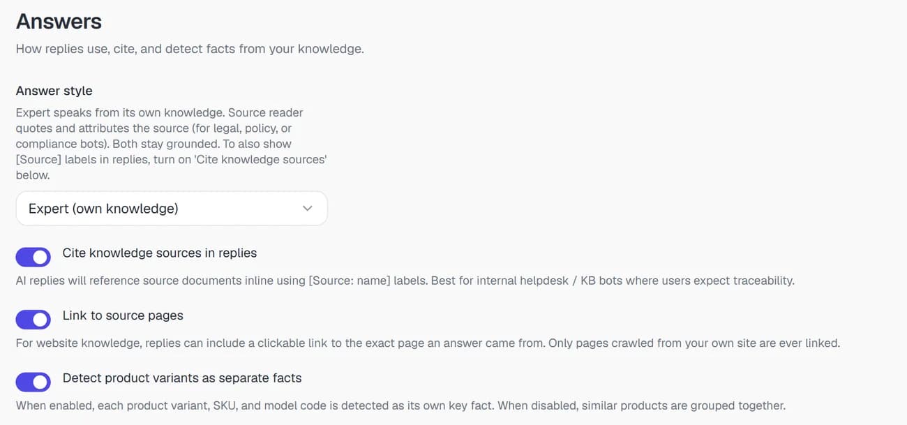 Answer settings with Cite knowledge sources in replies and Link to source pages switched on