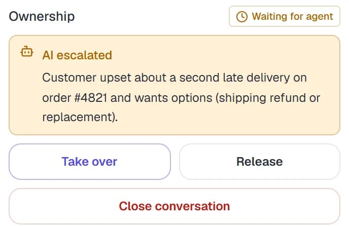 AI escalated note explaining why the conversation was handed to a person