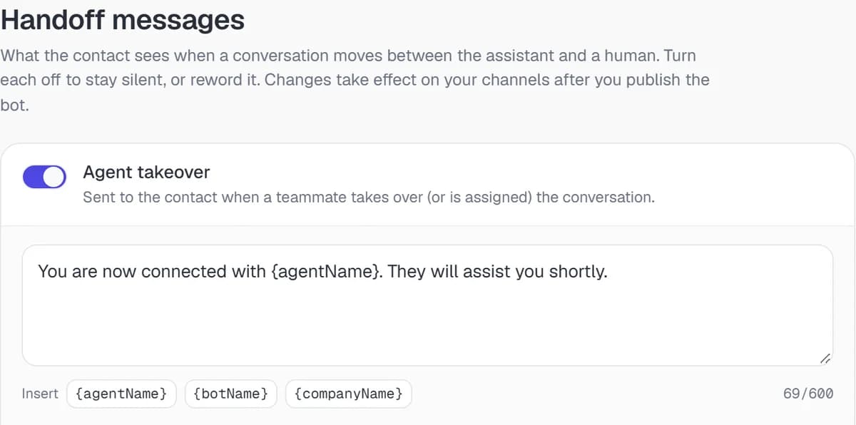 Handoff messages a customer sees on takeover, hand-back and while waiting for a person