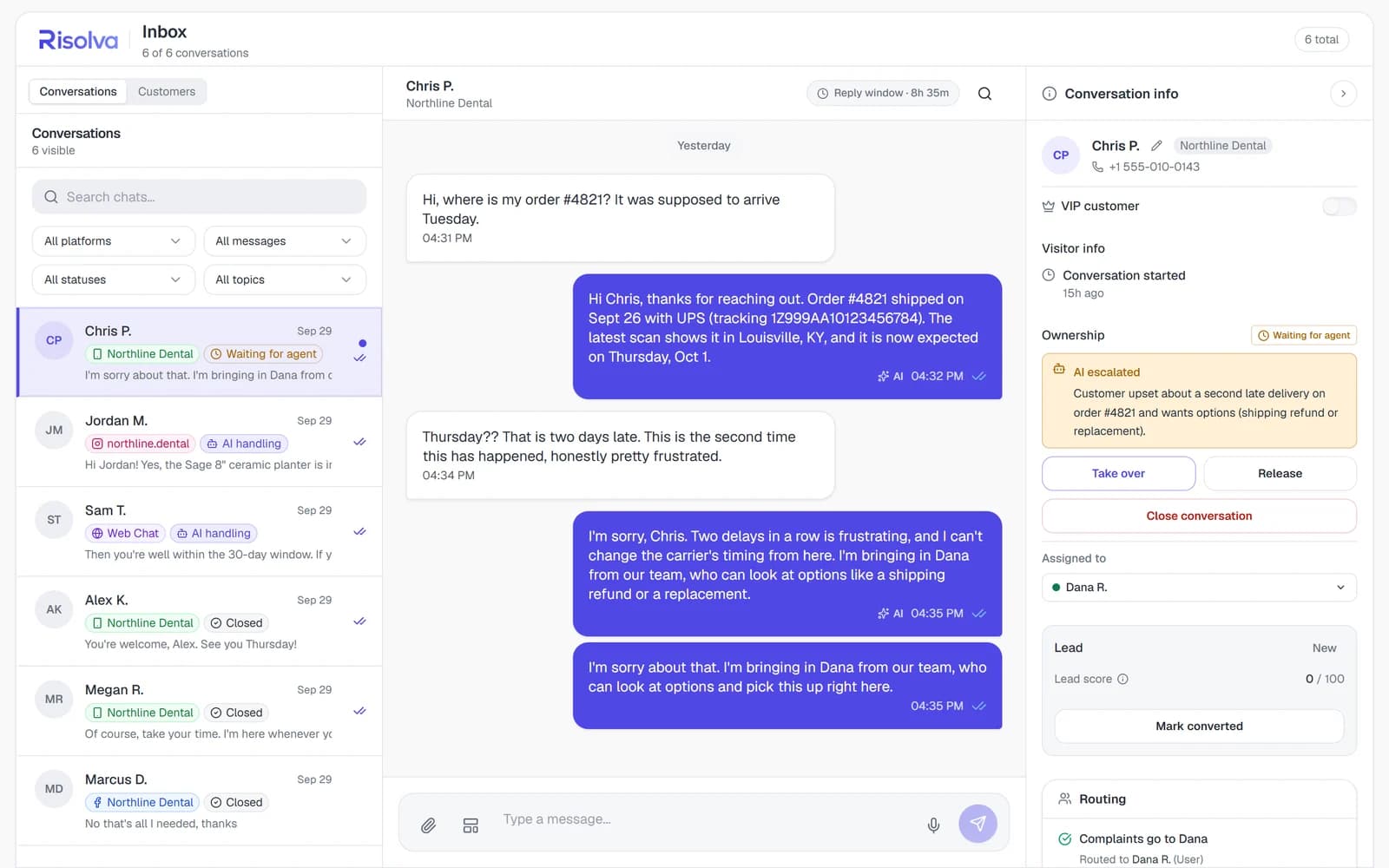The Risolva inbox: conversations from WhatsApp, Instagram, Messenger and web chat, one handed to a teammate