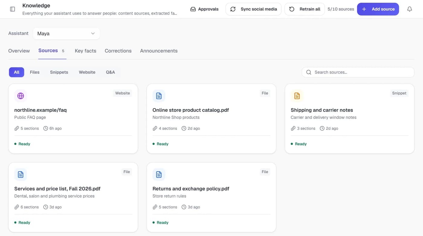 Knowledge sources: a website FAQ, a product catalog, shipping notes, a price list and a returns policy, all ready
