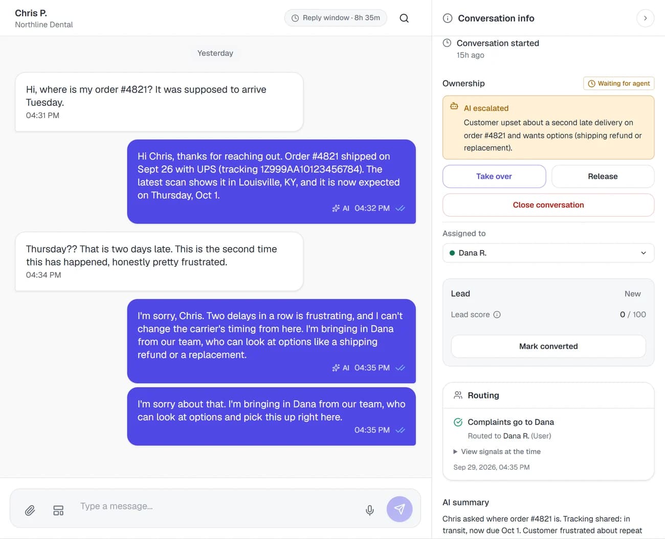 Chris P.'s WhatsApp thread waiting for an agent, with the AI's escalation reason, the assignee and the routing rule that matched in the details panel