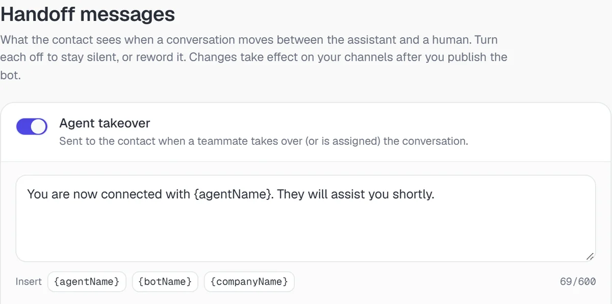 Risolva's handoff messages screen with the agent takeover message and its placeholders