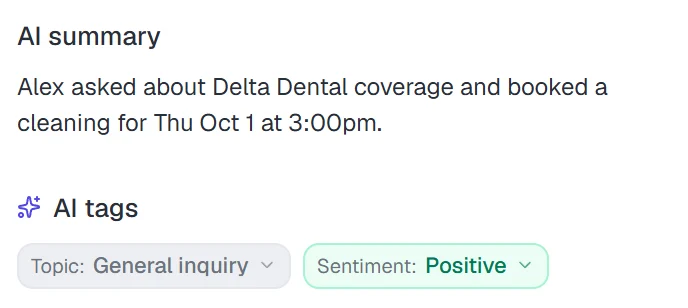 The AI summary and AI tags in a Risolva conversation, showing a sentiment tag